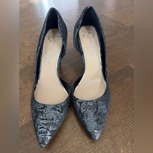 Jessica Simpson Black Fabric Heels with Silver Stitching Detail